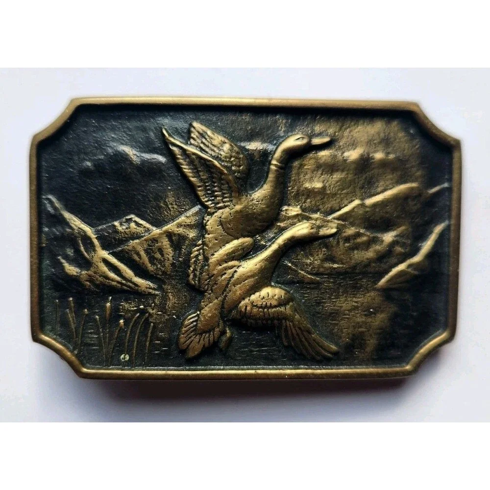 Vtg BTS Solid Brass Belt Buckle Flying Ducks & Mountain Scene USA Embossed